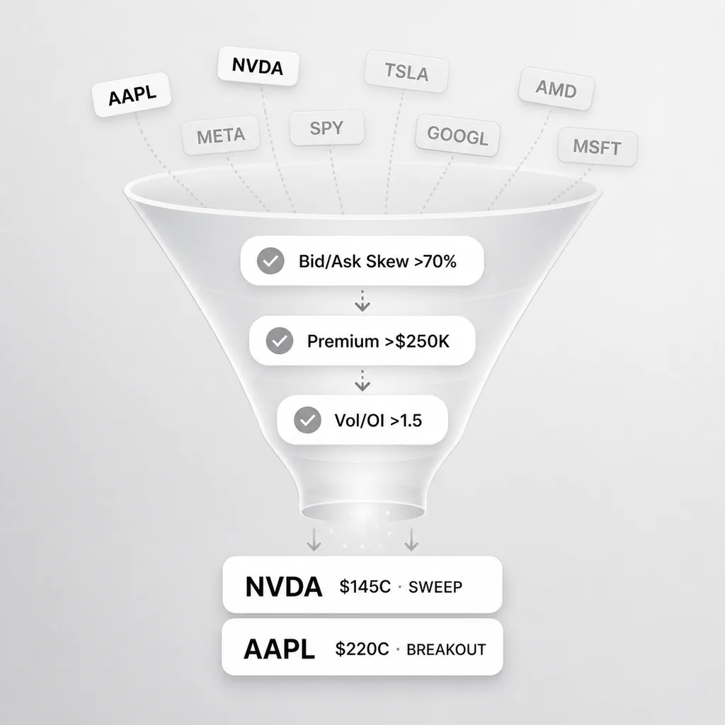 Funnel filtering thousands of tickers down to a few verified signals